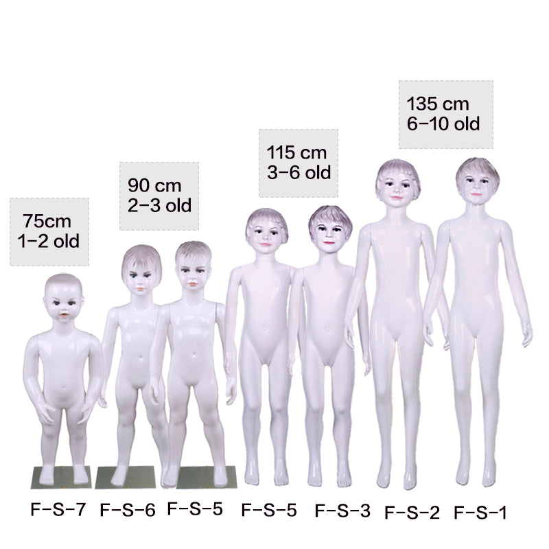 High-quality plastic display mannequins for children's clothing stores, featuring fair-skinned, attractive, and stylized faces; suitable for ages 2 to 10.