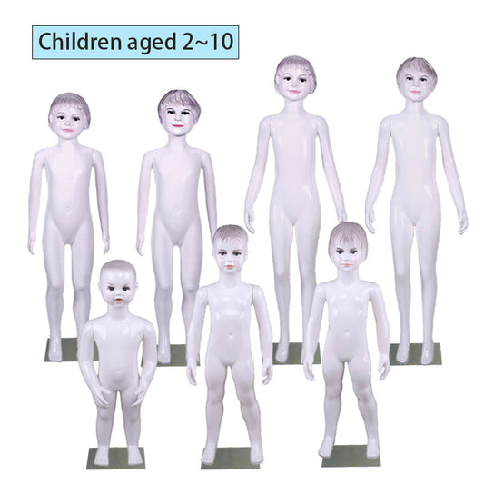 High-quality plastic display mannequins for children's clothing stores, featuring fair-skinned, attractive, and stylized faces; suitable for ages 2 to 10.