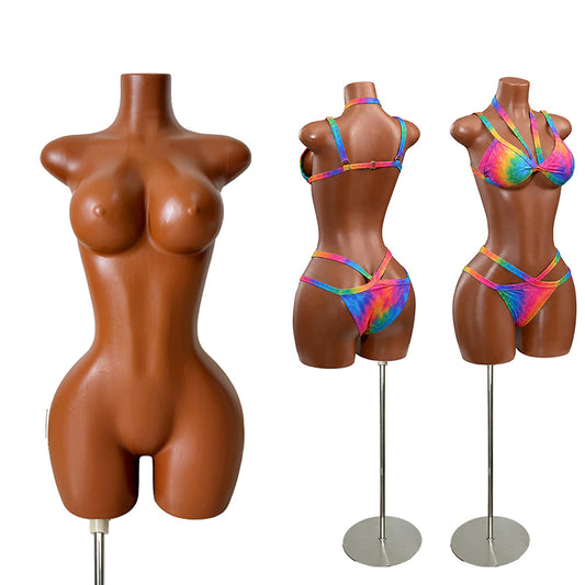 Female mannequin for export-oriented women's fashion; coffee-colored, Western/African style; features a heavy iron base.