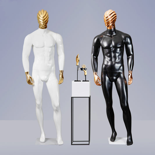Boutique Luxury Shinny Gold and Silver Mannequins New Design Wholesale Fiberglass Male Dummy with Cloth Head Stand Style