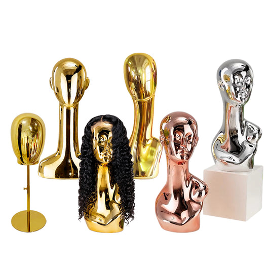 Gold/Silver Electroplated Female Mannequin Head Stand for Live Streaming, with Facial Features, Wig, Scarf & Necklace Display Props.