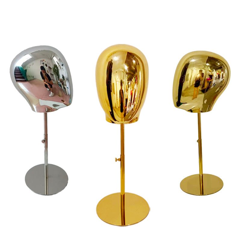 Gold/Silver Electroplated Female Mannequin Head Stand for Live Streaming, with Facial Features, Wig, Scarf & Necklace Display Props.