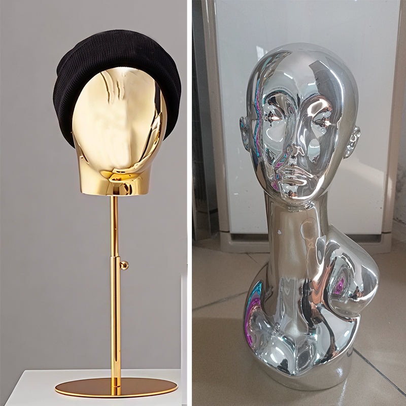Gold/Silver Electroplated Female Mannequin Head Stand for Live Streaming, with Facial Features, Wig, Scarf & Necklace Display Props.