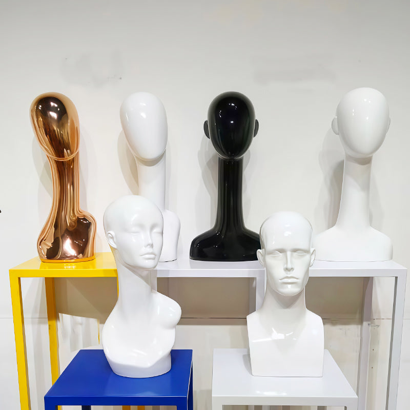 Gold/Silver Electroplated Female Mannequin Head Stand for Live Streaming, with Facial Features, Wig, Scarf & Necklace Display Props.