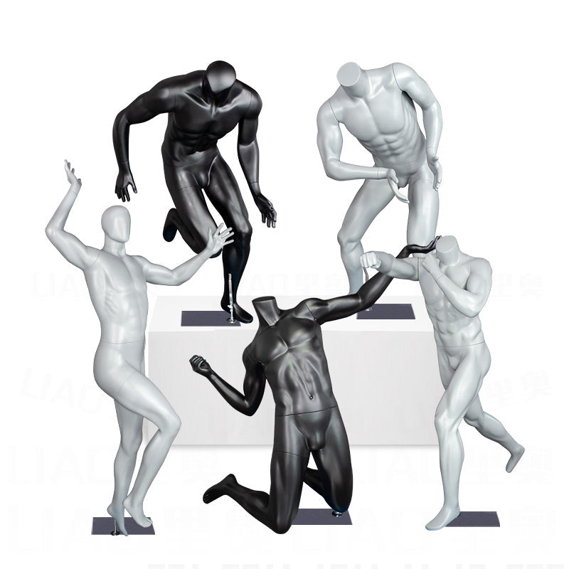 Maniquí deportivo masculino sin cabeza usado para correr, jugar a la pelota, ropa, maniquí para hombre, cuerpo completo, negro y gris. 