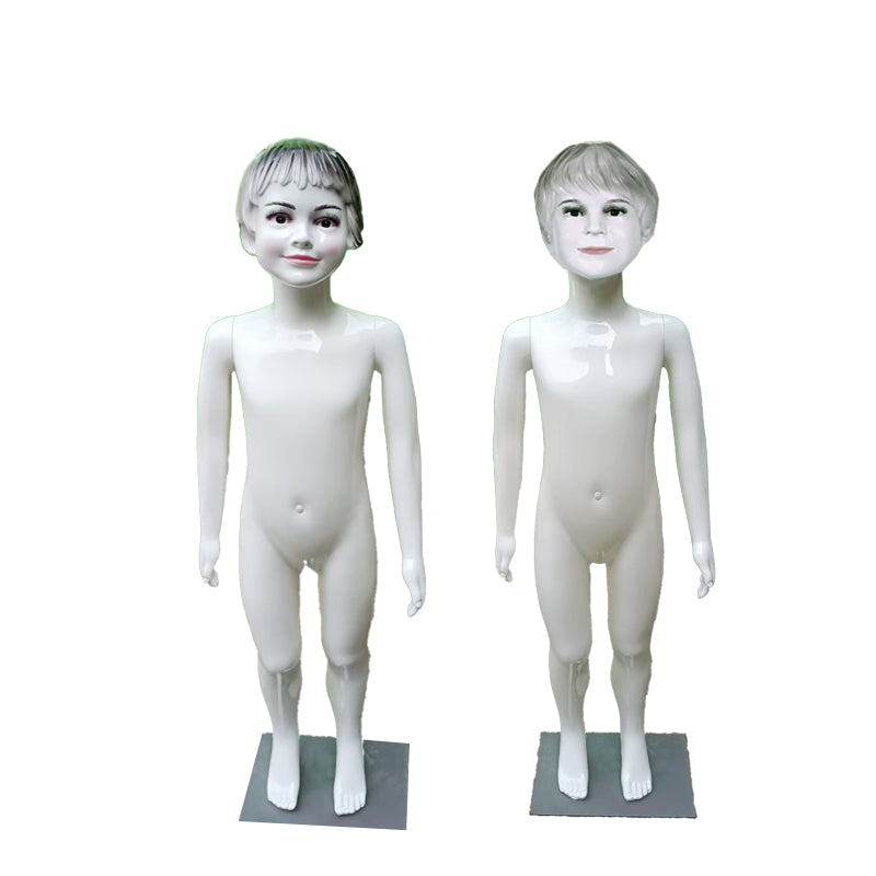 High-quality plastic display mannequins for children's clothing stores, featuring fair-skinned, attractive, and stylized faces; suitable for ages 2 to 10.
