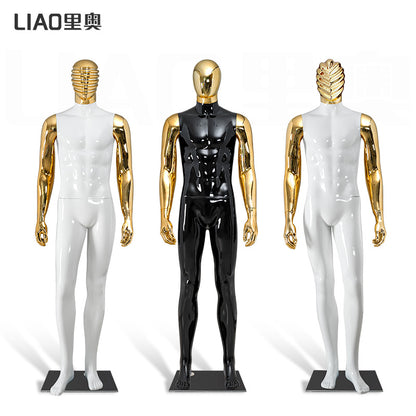 Glossy White Male Mannequin with Gold Chrome Head & Arms Full Body Muscular Display Dummy for Clothing Store