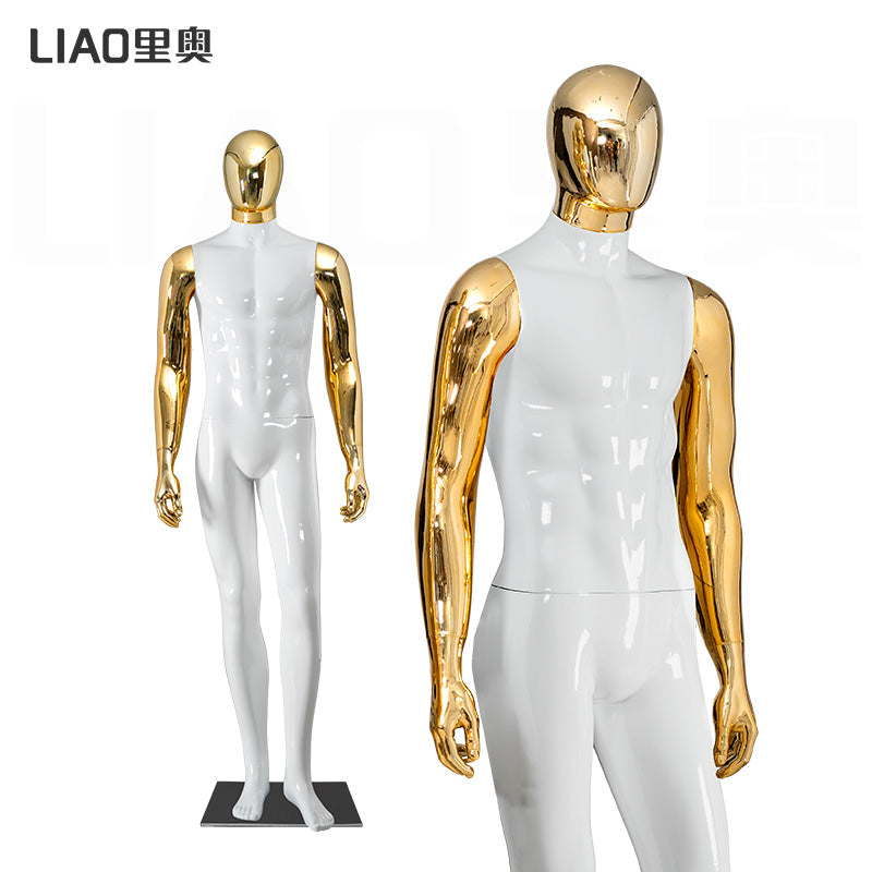 Glossy White Male Mannequin with Gold Chrome Head & Arms Full Body Muscular Display Dummy for Clothing Store