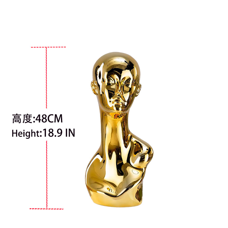 Gold/Silver Electroplated Female Mannequin Head Stand for Live Streaming, with Facial Features, Wig, Scarf & Necklace Display Props.