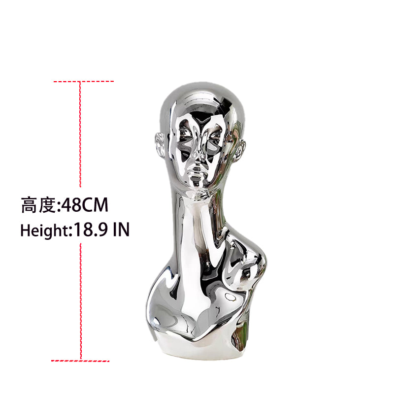 Gold/Silver Electroplated Female Mannequin Head Stand for Live Streaming, with Facial Features, Wig, Scarf & Necklace Display Props.