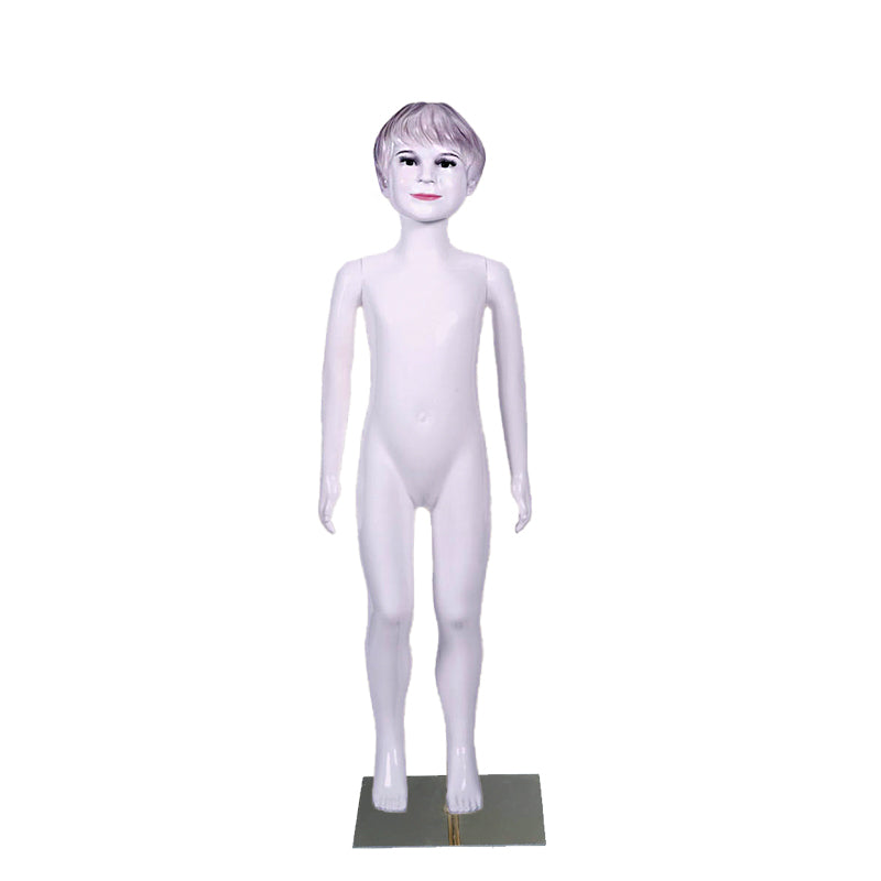 High-quality plastic display mannequins for children's clothing stores, featuring fair-skinned, attractive, and stylized faces; suitable for ages 2 to 10.