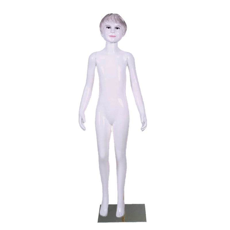 High-quality plastic display mannequins for children's clothing stores, featuring fair-skinned, attractive, and stylized faces; suitable for ages 2 to 10.
