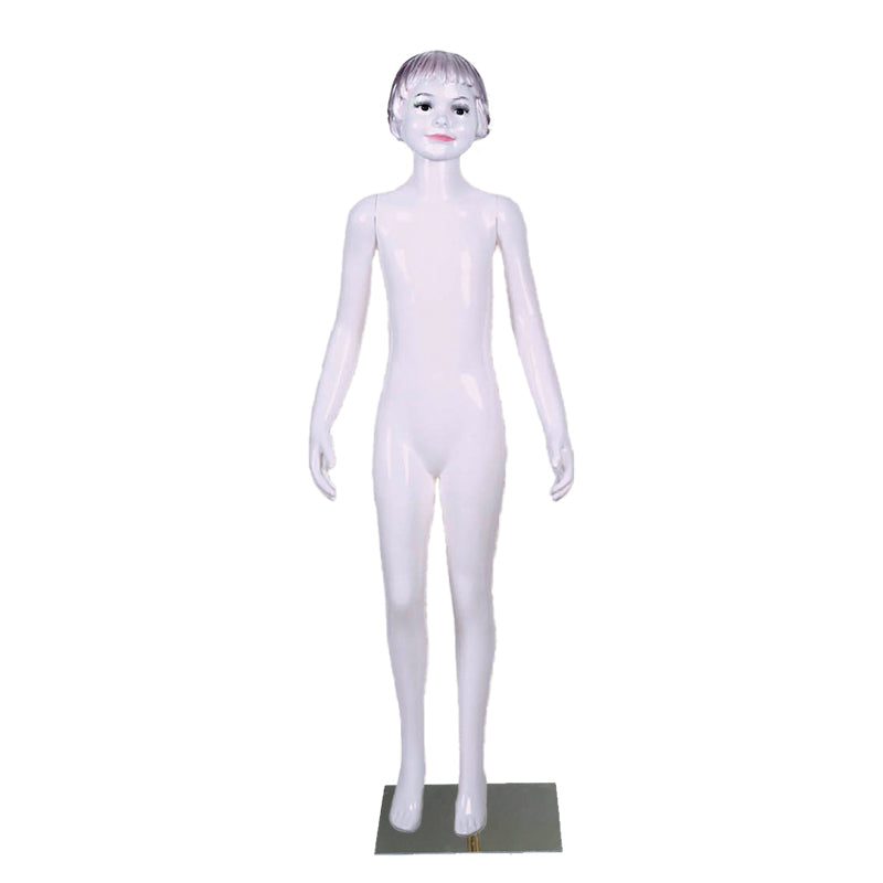 High-quality plastic display mannequins for children's clothing stores, featuring fair-skinned, attractive, and stylized faces; suitable for ages 2 to 10.