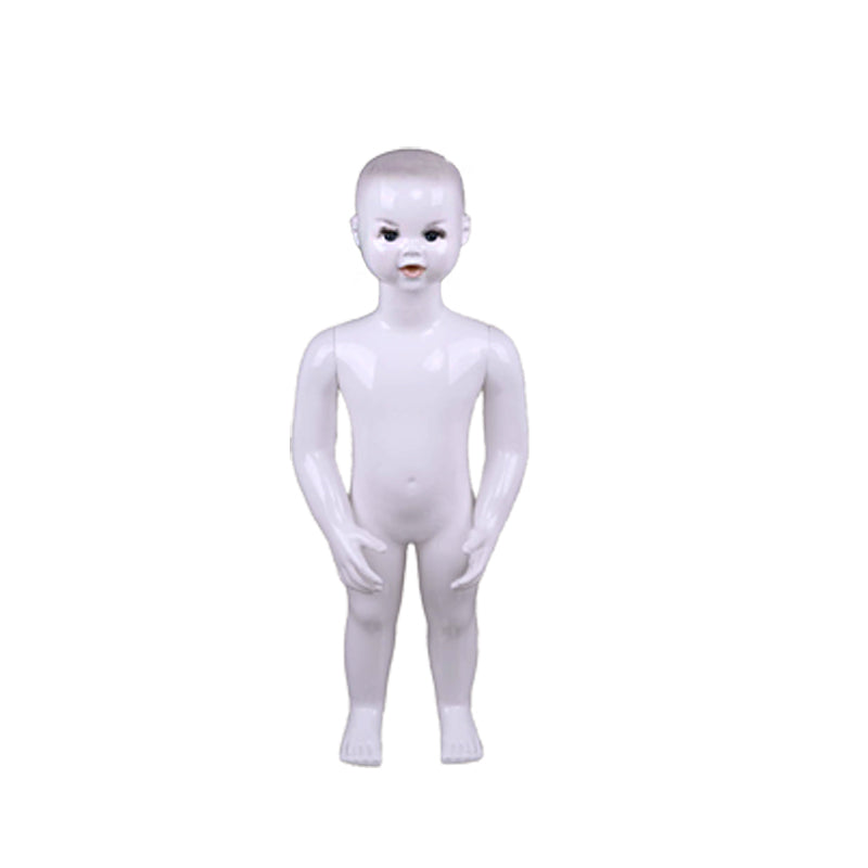 High-quality plastic display mannequins for children's clothing stores, featuring fair-skinned, attractive, and stylized faces; suitable for ages 2 to 10.