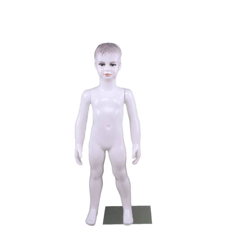 High-quality plastic display mannequins for children's clothing stores, featuring fair-skinned, attractive, and stylized faces; suitable for ages 2 to 10.