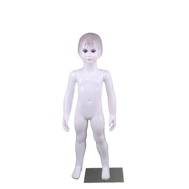 High-quality plastic display mannequins for children's clothing stores, featuring fair-skinned, attractive, and stylized faces; suitable for ages 2 to 10.