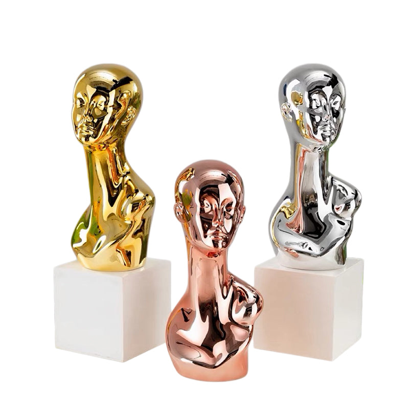Gold/Silver Electroplated Female Mannequin Head Stand for Live Streaming, with Facial Features, Wig, Scarf & Necklace Display Props.