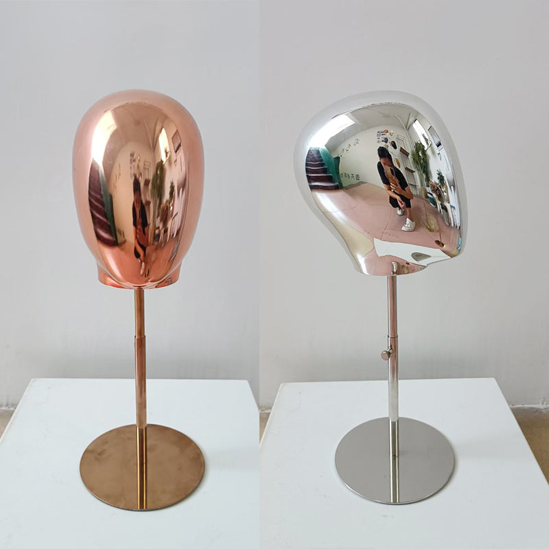 Gold/Silver Electroplated Female Mannequin Head Stand for Live Streaming, with Facial Features, Wig, Scarf & Necklace Display Props.