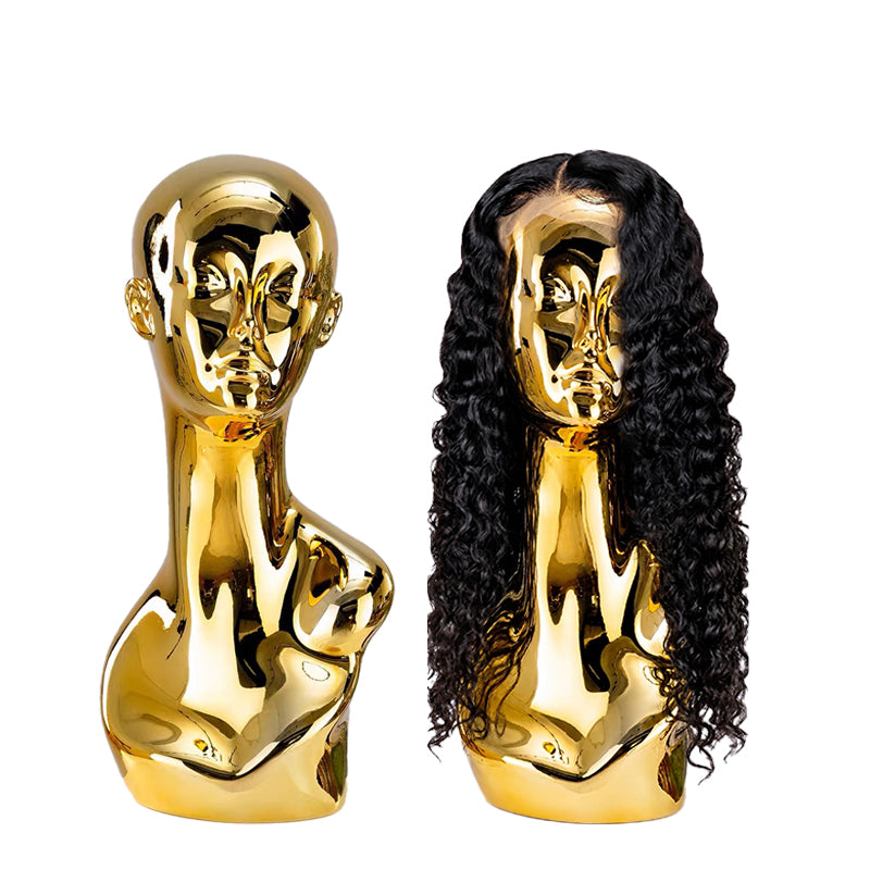 Gold/Silver Electroplated Female Mannequin Head Stand for Live Streaming, with Facial Features, Wig, Scarf & Necklace Display Props.