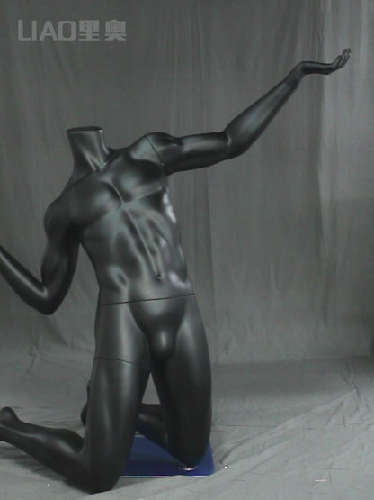 Maniquí deportivo masculino sin cabeza usado para correr, jugar a la pelota, ropa, maniquí para hombre, cuerpo completo, negro y gris. 